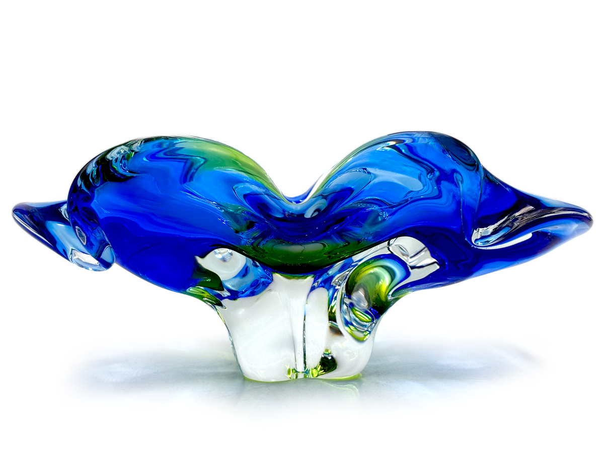 Chřibská Glassworks (Czechoslovakia) Art Glass 8" Centrepiece, in Blue/Green