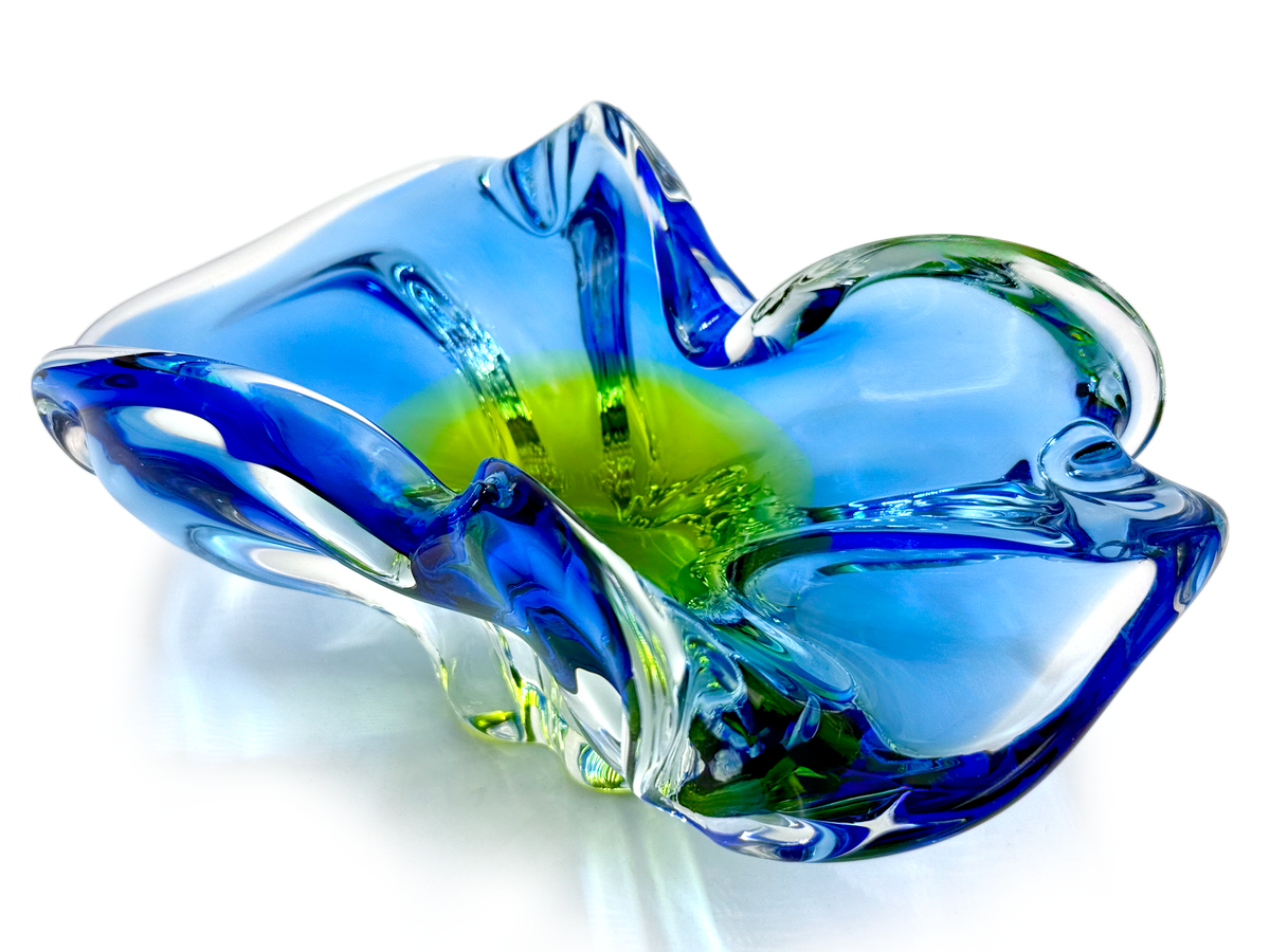 Chřibská Glassworks (Czechoslovakia) Art Glass 8" Centrepiece, in Blue/Green