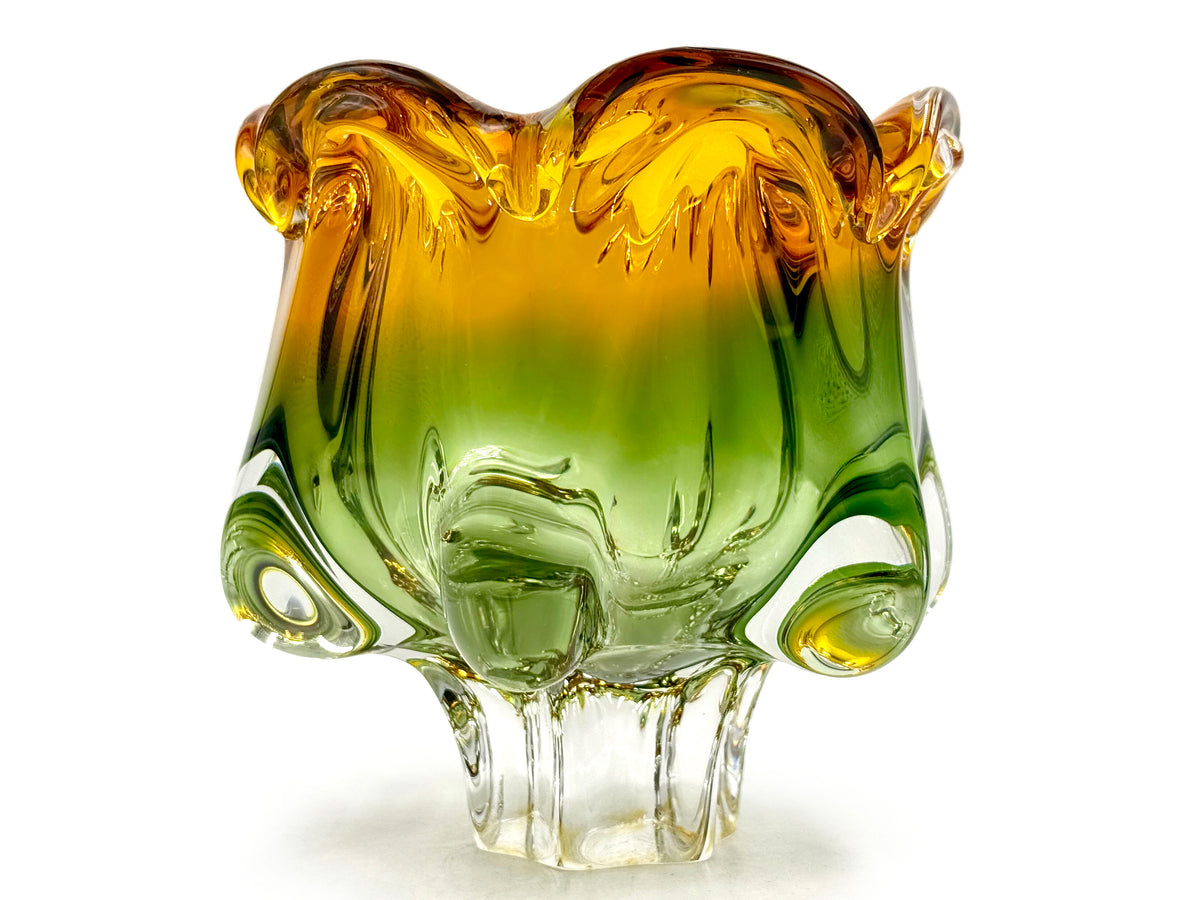 Chřibská Glassworks (Czechoslovakia) Art Glass 7" Vase, in Olive/Orange