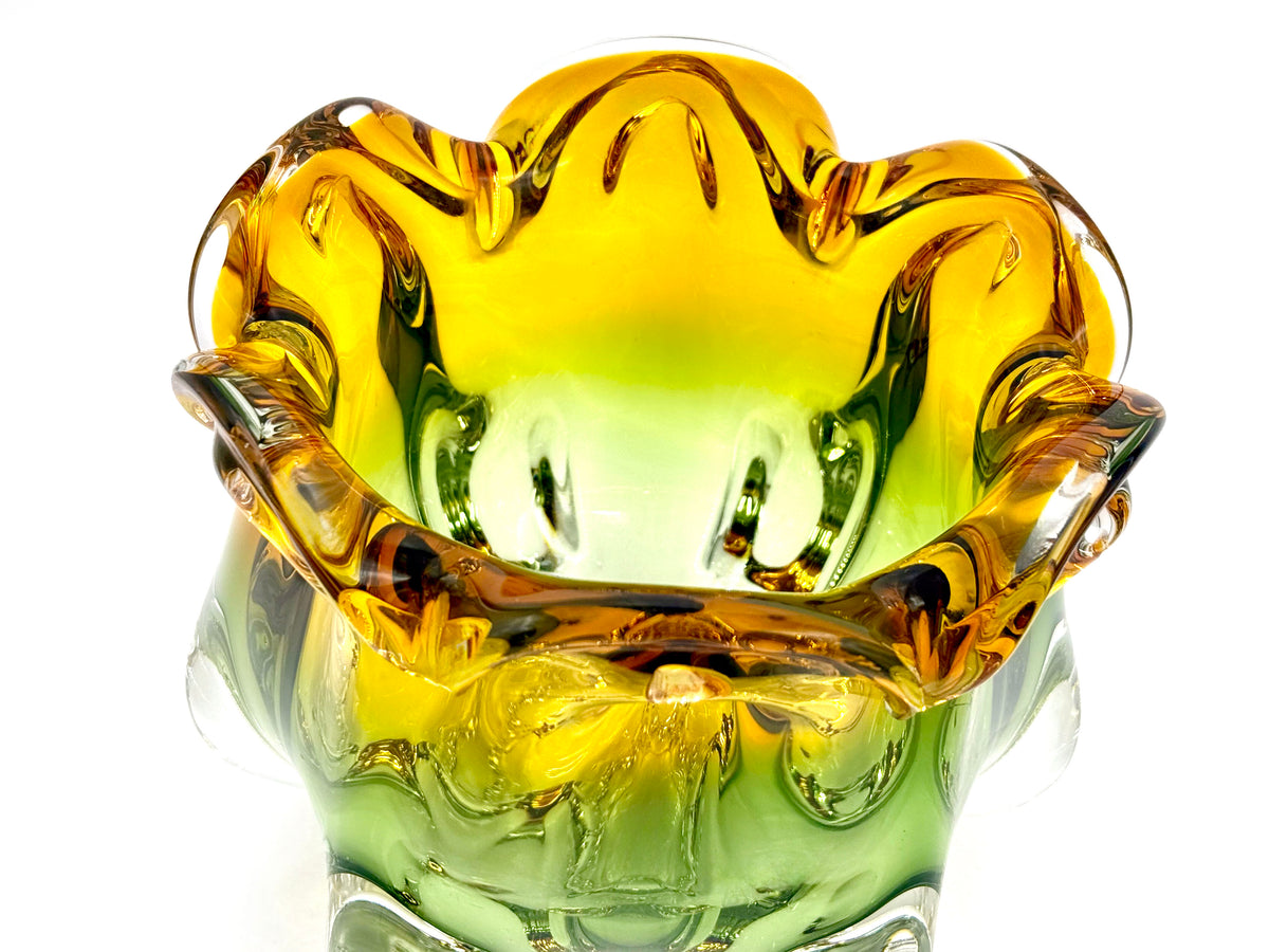 Chřibská Glassworks (Czechoslovakia) Art Glass 7" Vase, in Olive/Orange
