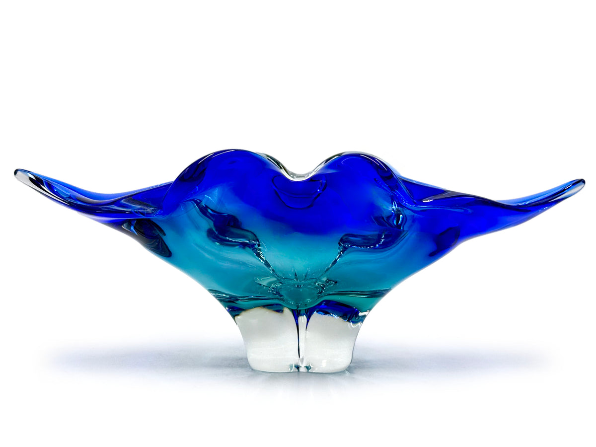 Chřibská Glassworks (Czechoslovakia) Art Glass 9" Centrepiece, in Blue/Turquoise