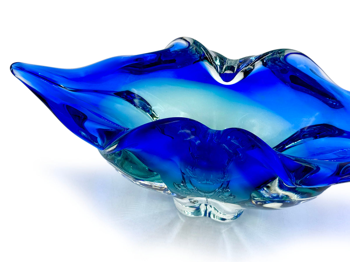 Chřibská Glassworks (Czechoslovakia) Art Glass 9" Centrepiece, in Blue/Turquoise