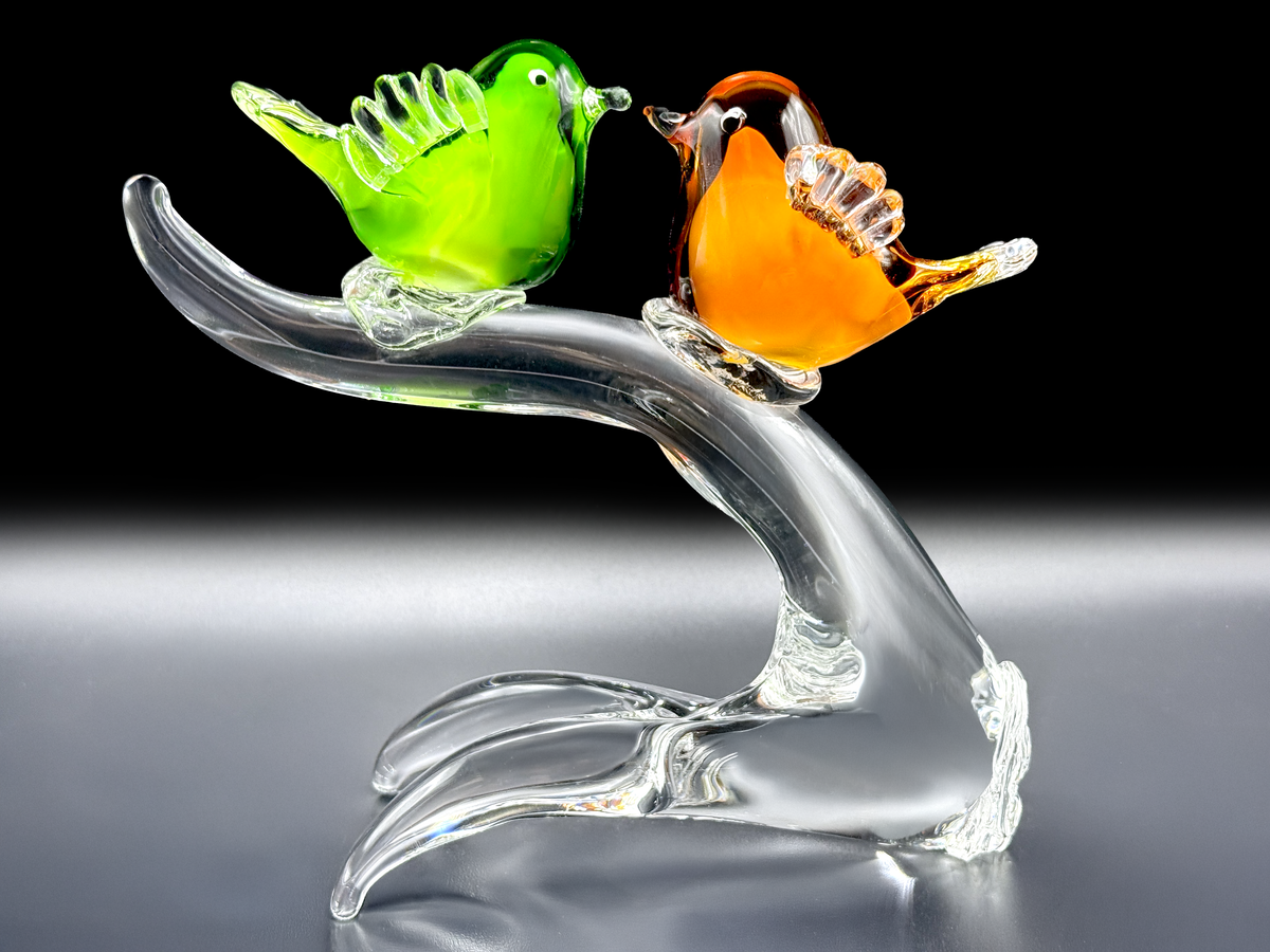 Pájaros en una rama de vidrio artístico de 25 cm, en verde/naranja | Hecho en Murano, Italia *HALLAZGO RARO*