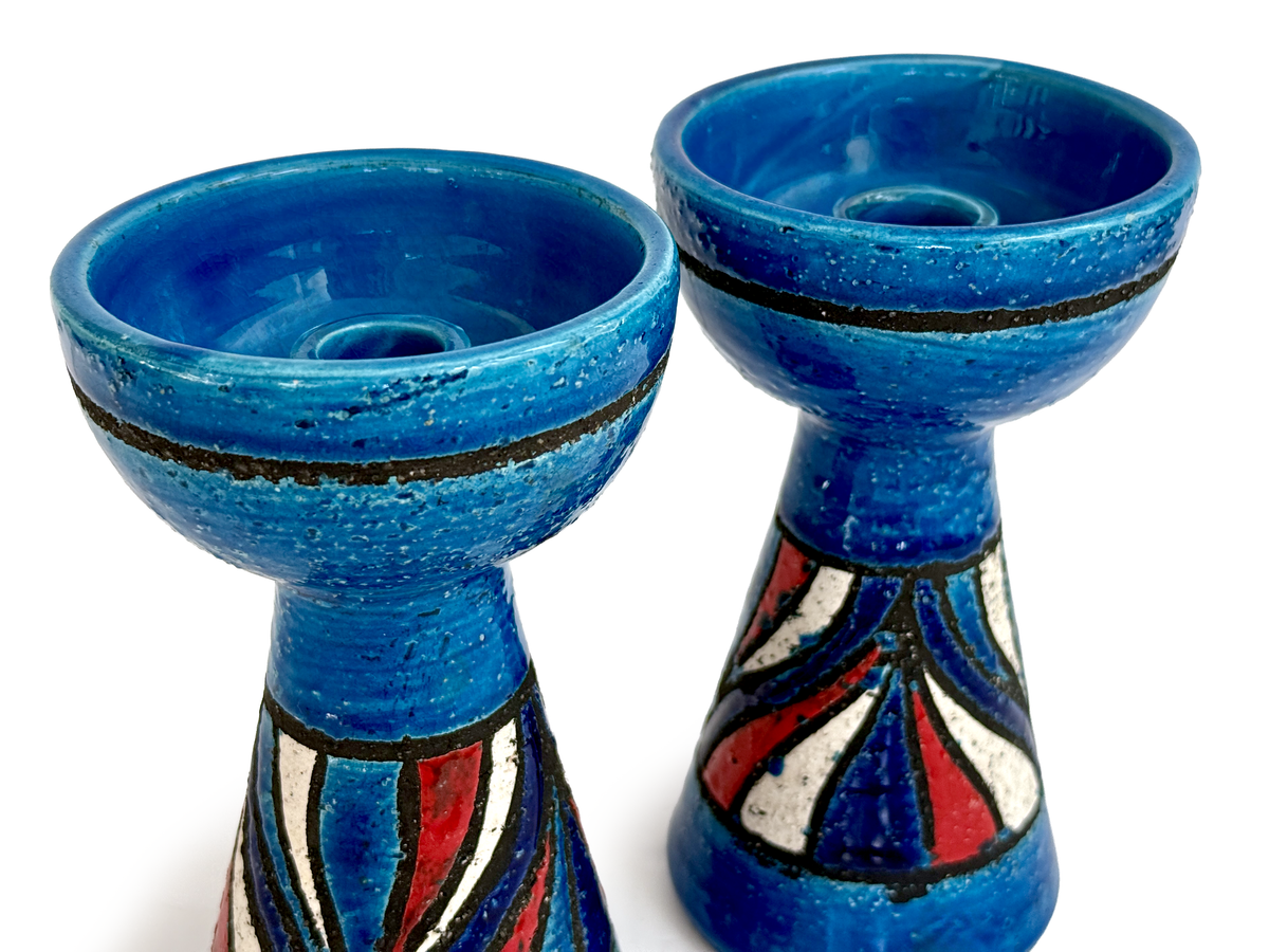 Bitossi (Italy) 'Pumpkin' in Blue/Red, 7" Candle Holders [Set x2] *RARE FIND*