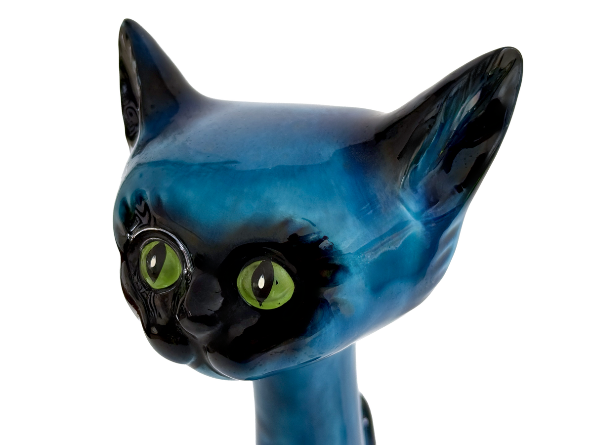Figurine de chat siamois en céramique bleue de 35,5 cm (14 pouces) | Fabriquée au Japon *PIÈCE RARE*
