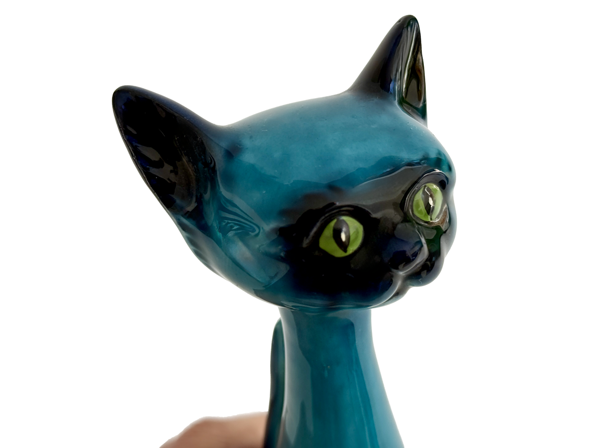 Figurine de chat siamois en céramique de 20 cm, couleur turquoise | Fabriquée au Japon *PIÈCE RARE*