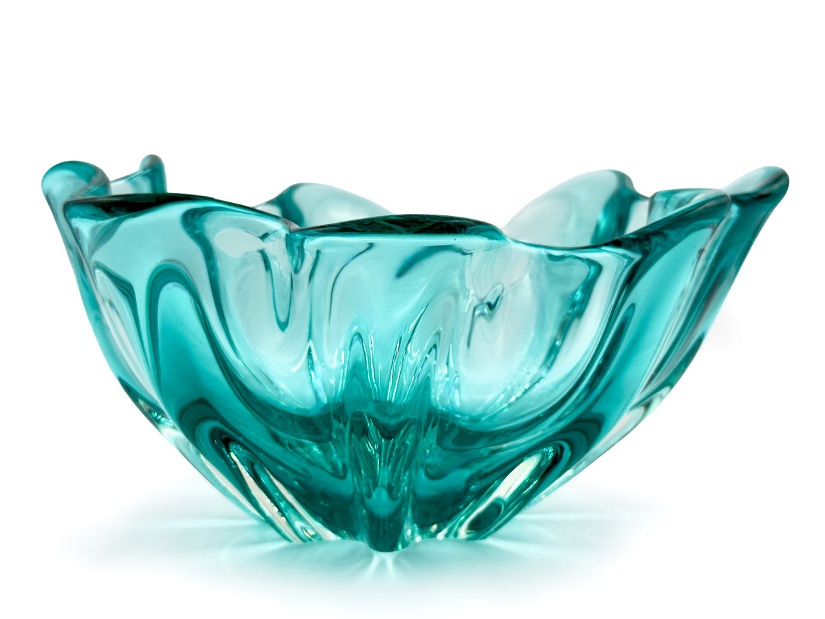 Cristal Iwatsu (Japón) de su gama Hineri | Centro de mesa de cristal artístico de 23 cm, color turquesa