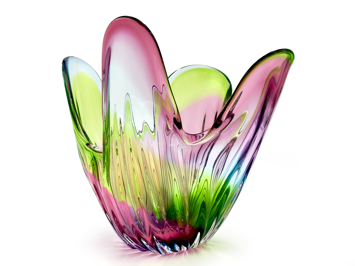 Jarrón de vidrio artístico "Arcoíris" de 23 cm de Hokuyo Glass (Japón), en azul, rosa y amarillo. *¡HALLAZGO RARO!* 