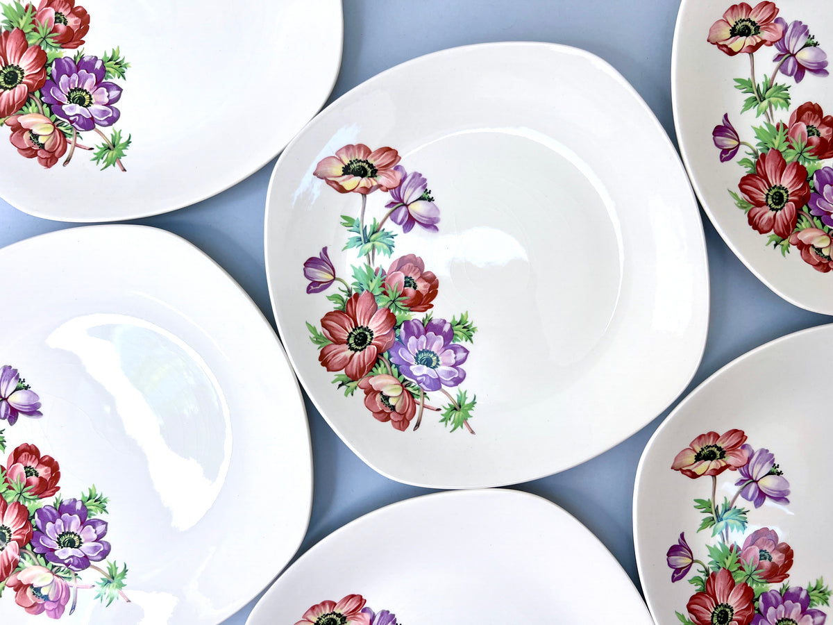 Assiettes plates « Anémones » de 25 cm (lot de 6) Midwinter (Angleterre) * TROUVAILLE RARE *