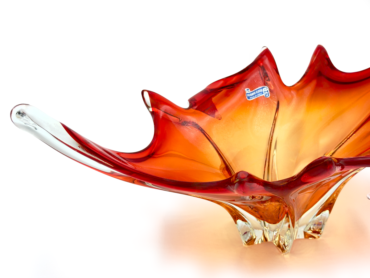 Centro de mesa extragrande de cristal artístico Cristallo Venezia CCC (Murano, Italia), 19,5", rojo/naranja *HALLAZGO RARO*