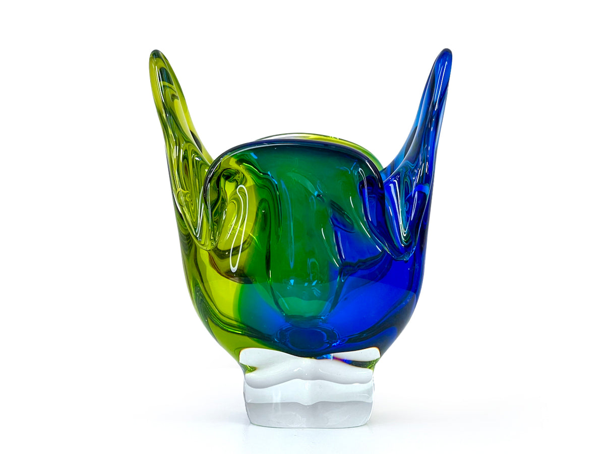 Chřibská Glassworks (Czechoslovakia) Art Glass 6" Vase, in Chartreuse/Cobalt