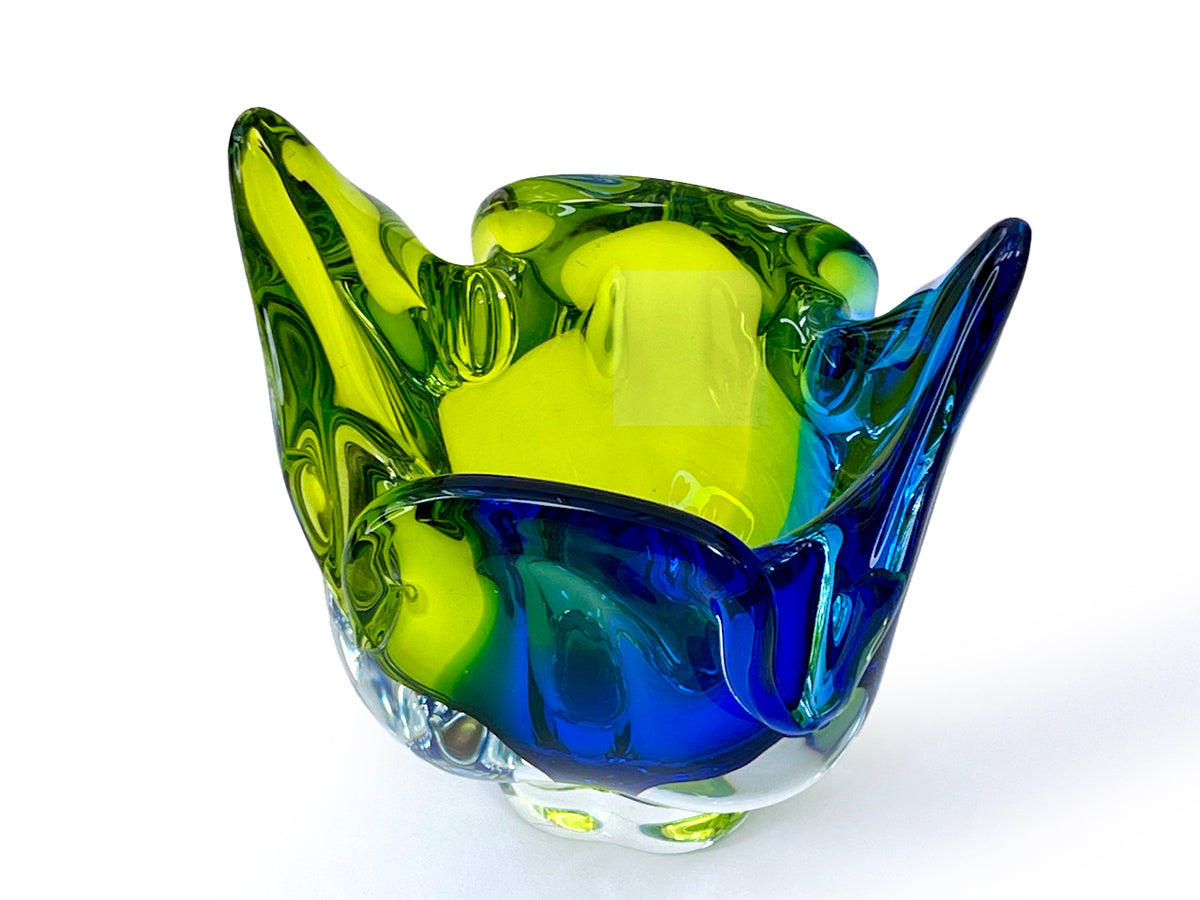 Chřibská Glassworks (Czechoslovakia) Art Glass 6" Vase, in Chartreuse/Cobalt