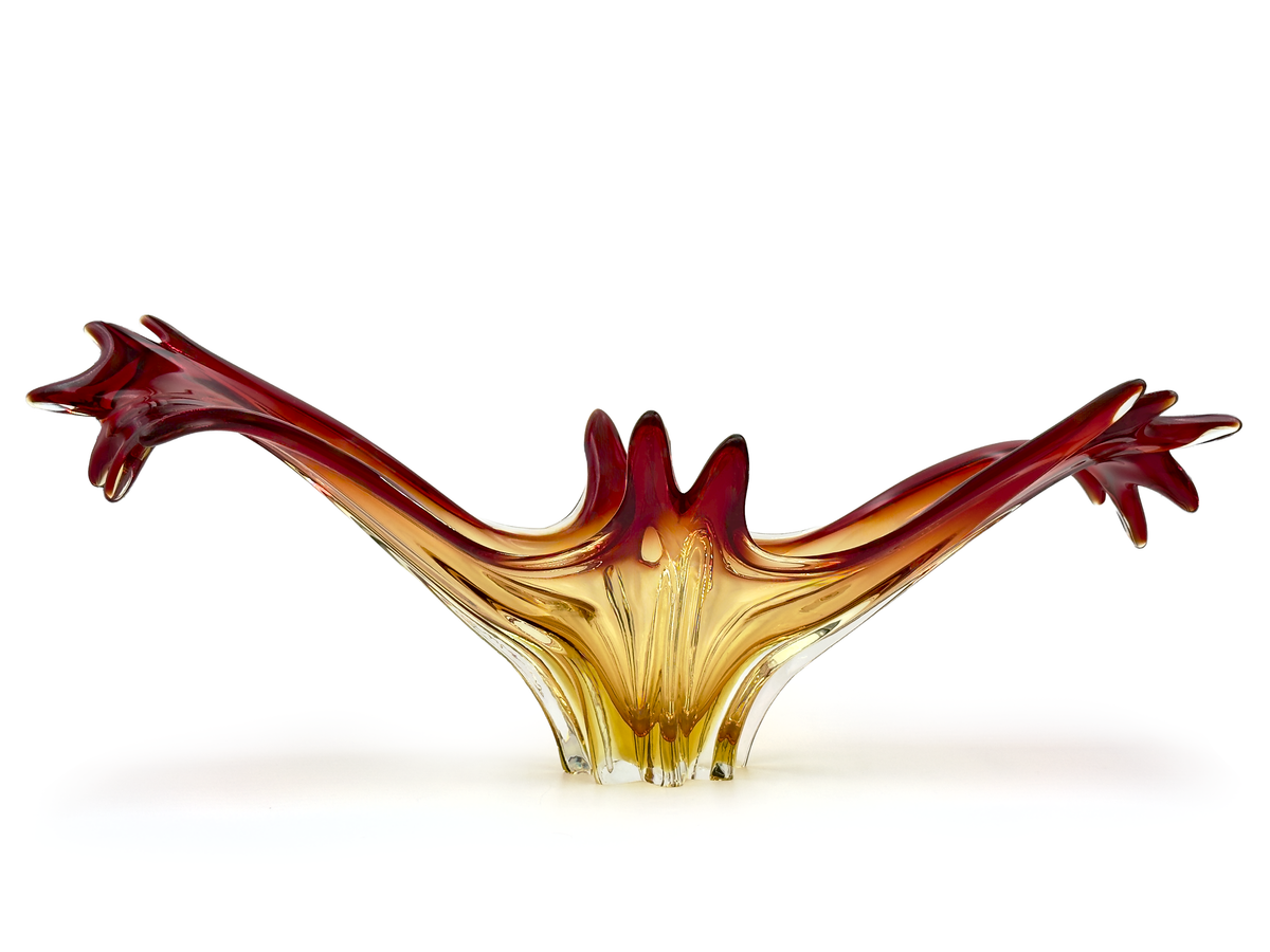 Centro de mesa extragrande de cristal artístico Cristallo Venezia CCC (Murano, Italia), 19,5", rojo/naranja *HALLAZGO RARO*