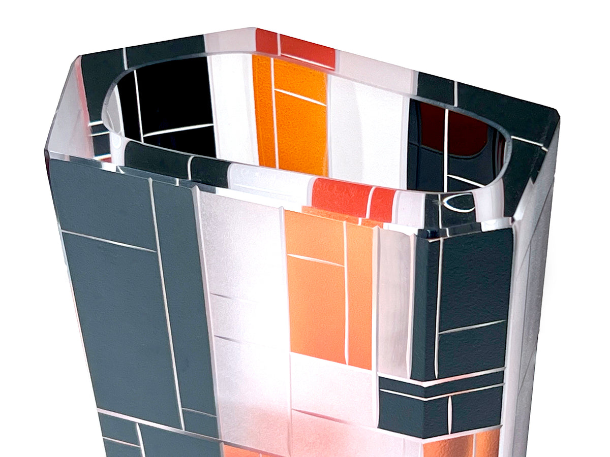 Karl Palda Glassworks (Czechoslovakia) 8.5" Block Vase | Orange, Black