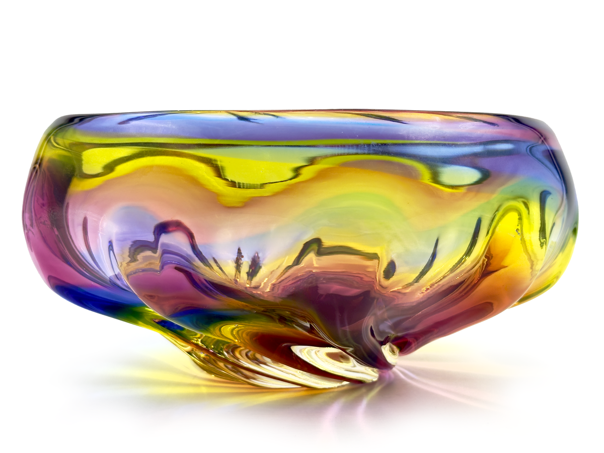 Centro de mesa de vidrio artístico "Arcoíris" de 9,5" de Iwatsu Glass (Japón), en azul, rosa y amarillo. *HALLAZGO RARO* 