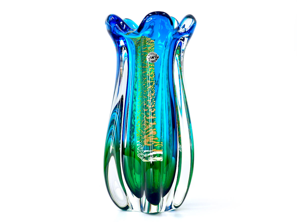 Vase en verre artistique Sanyu Glass (Japon) de 24 cm, bleu/vert avec feuilles d'or/argent 