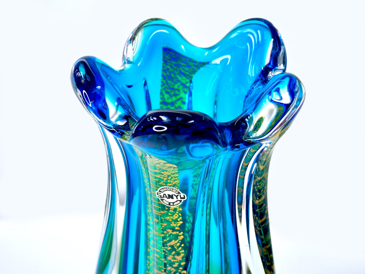 Vase en verre artistique Sanyu Glass (Japon) de 24 cm, bleu/vert avec feuilles d'or/argent 