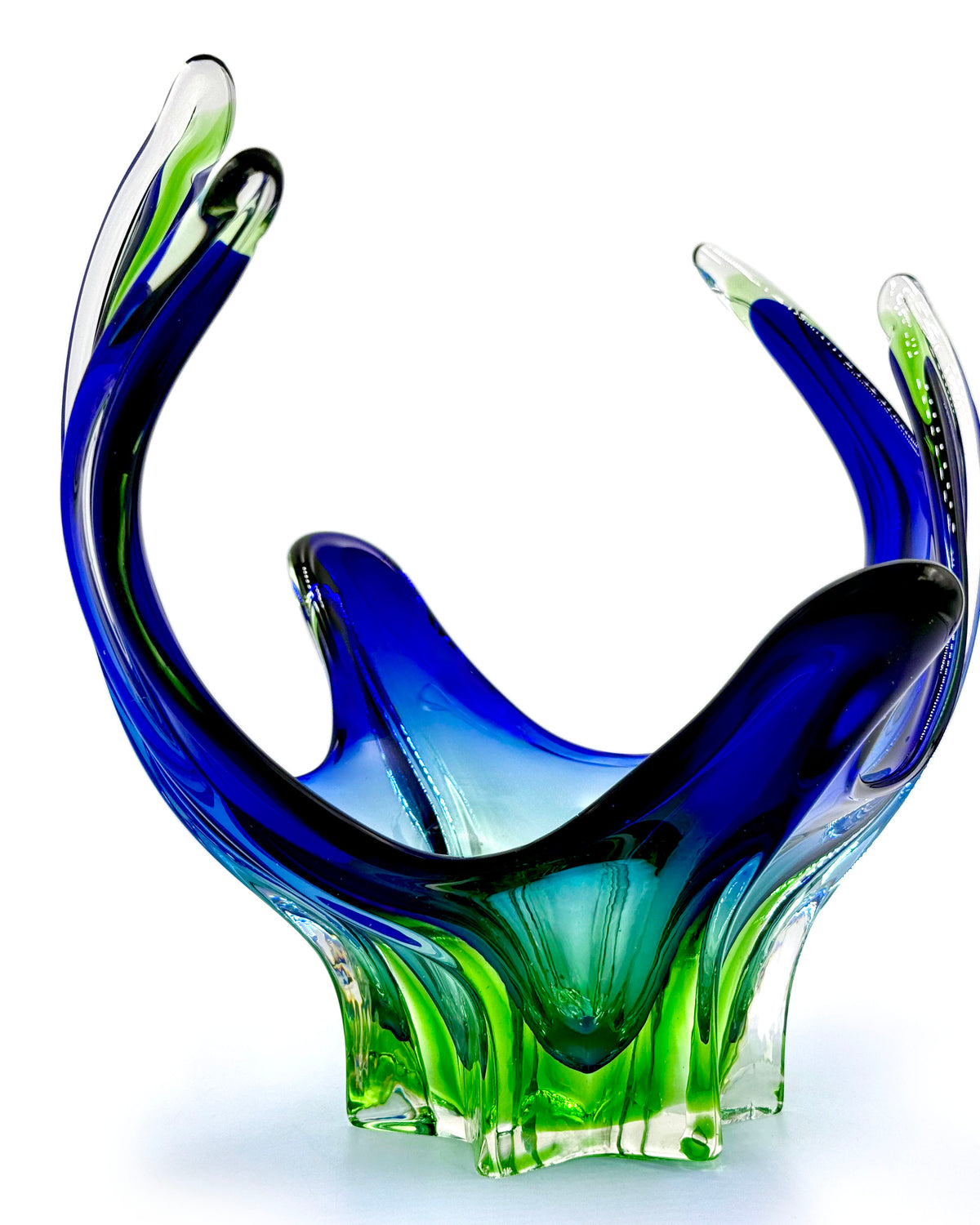 Centro de mesa extragrande de cristal artístico Cristallo Venezia CCC (Murano, Italia), 34 cm, color verde cobalto. *HALLAZGO RARO*