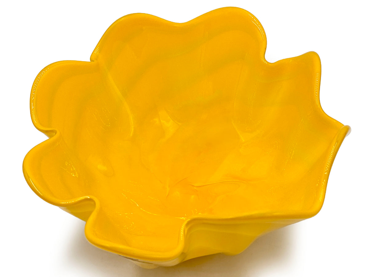 Vase mouchoir/centre de table en verre d'art Iwatsu Glass (Japon), 29 cm, jaune tournesol | Emballage vintage d'origine *PIÈCE RARE* 