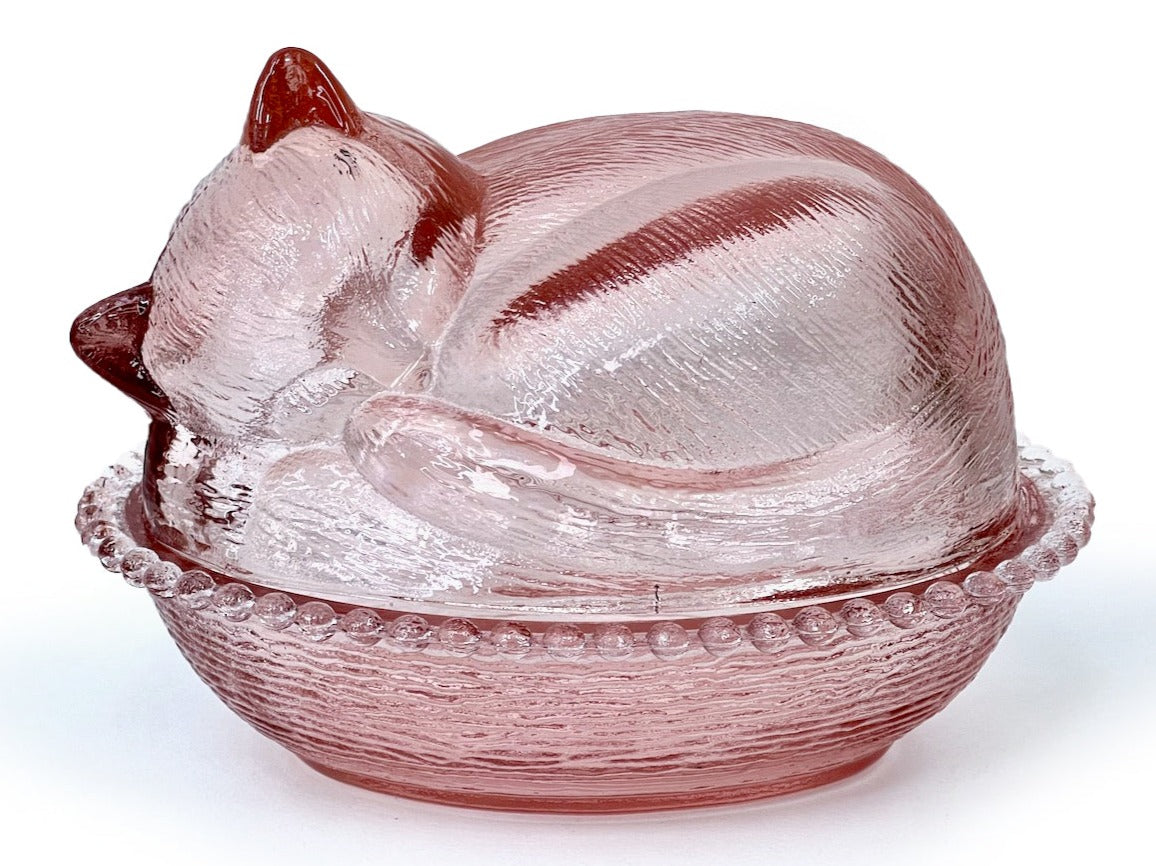 Bonbonnière en forme de chaton « Confections » d'Indiana Glass Co (États-Unis), rose clair