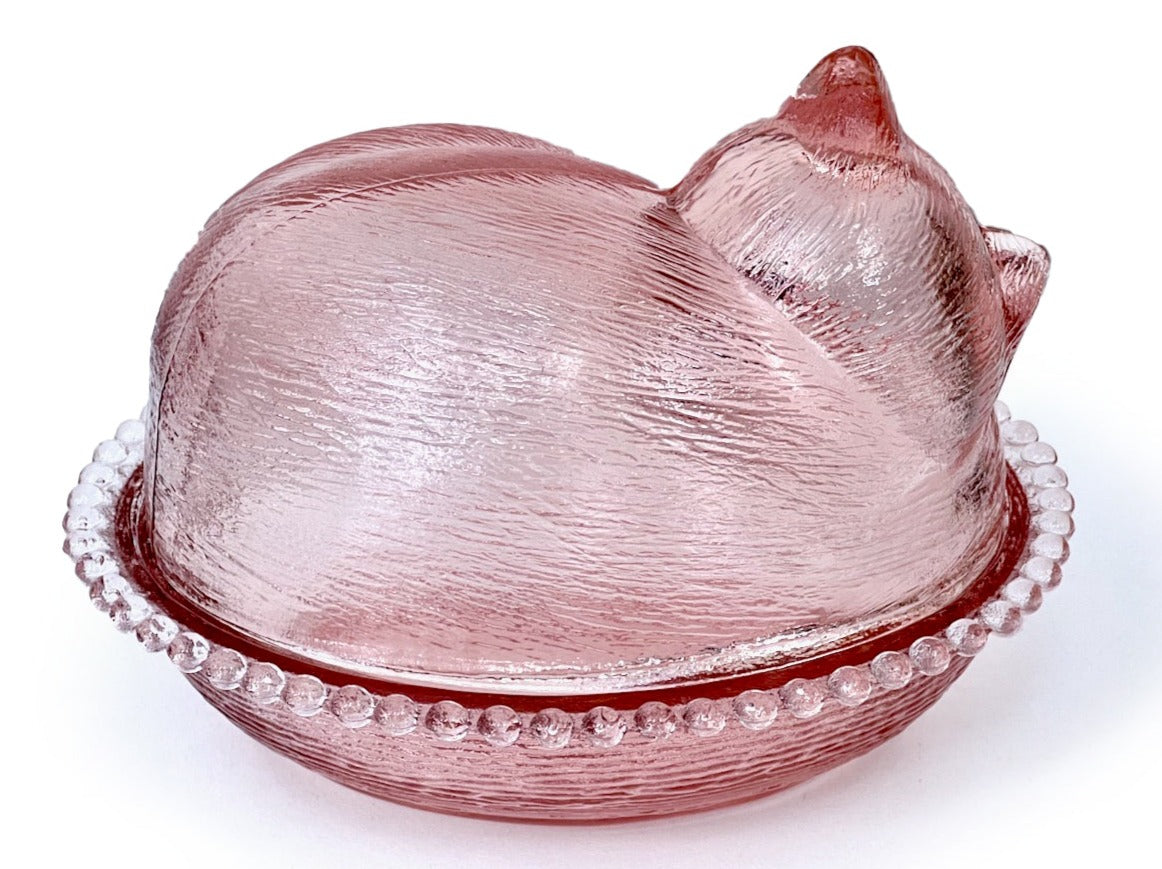 Bonbonnière en forme de chaton « Confections » d'Indiana Glass Co (États-Unis), rose clair