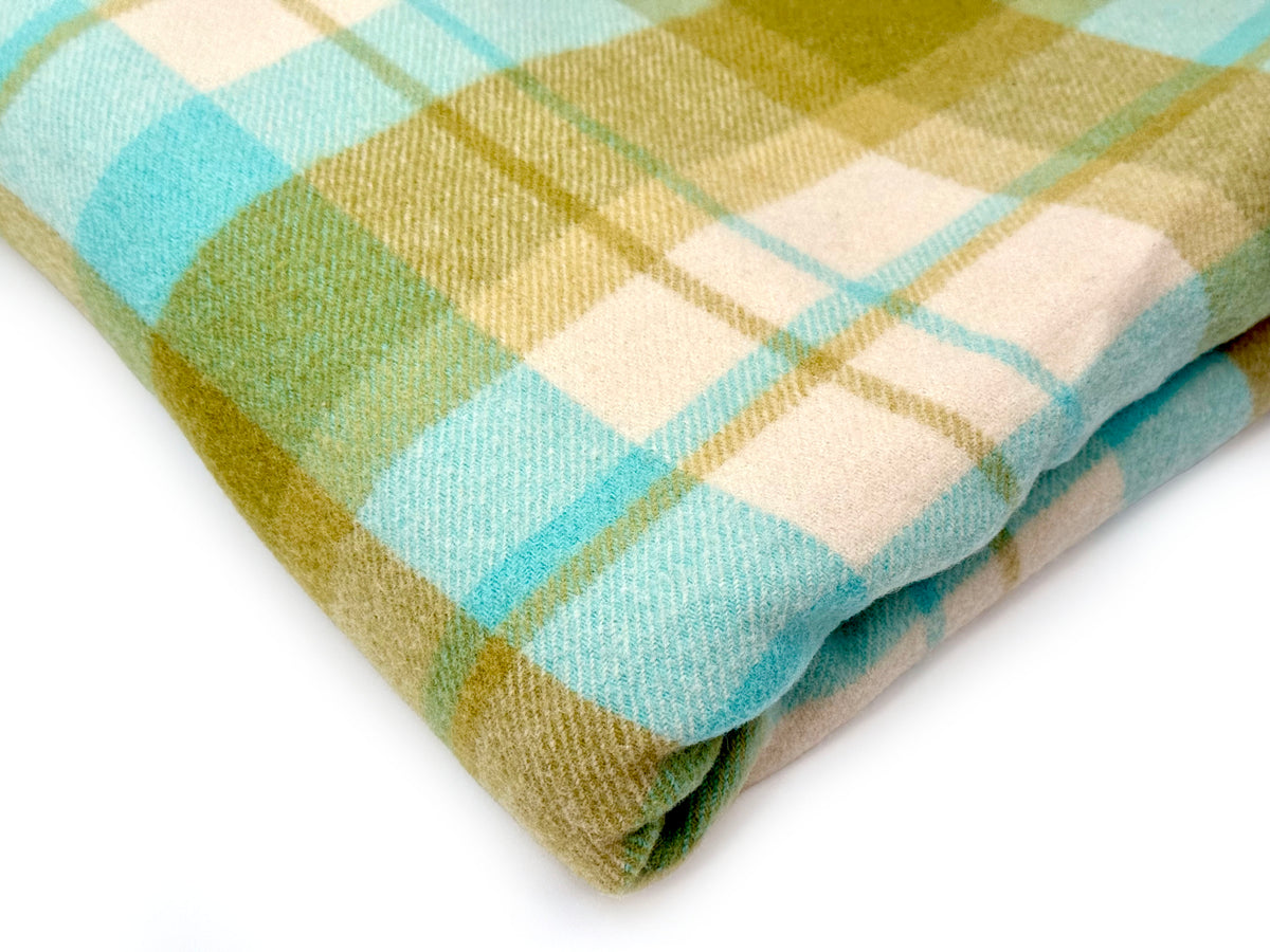 Vintage Plaid Australian Wool Blanket | Olive Green, Aqua