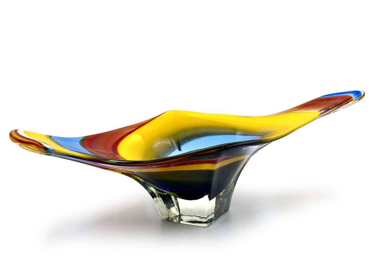 Centre de table en verre d'art Tatsumi Glass (Japon), 37 cm, bleu/rouge/jaune