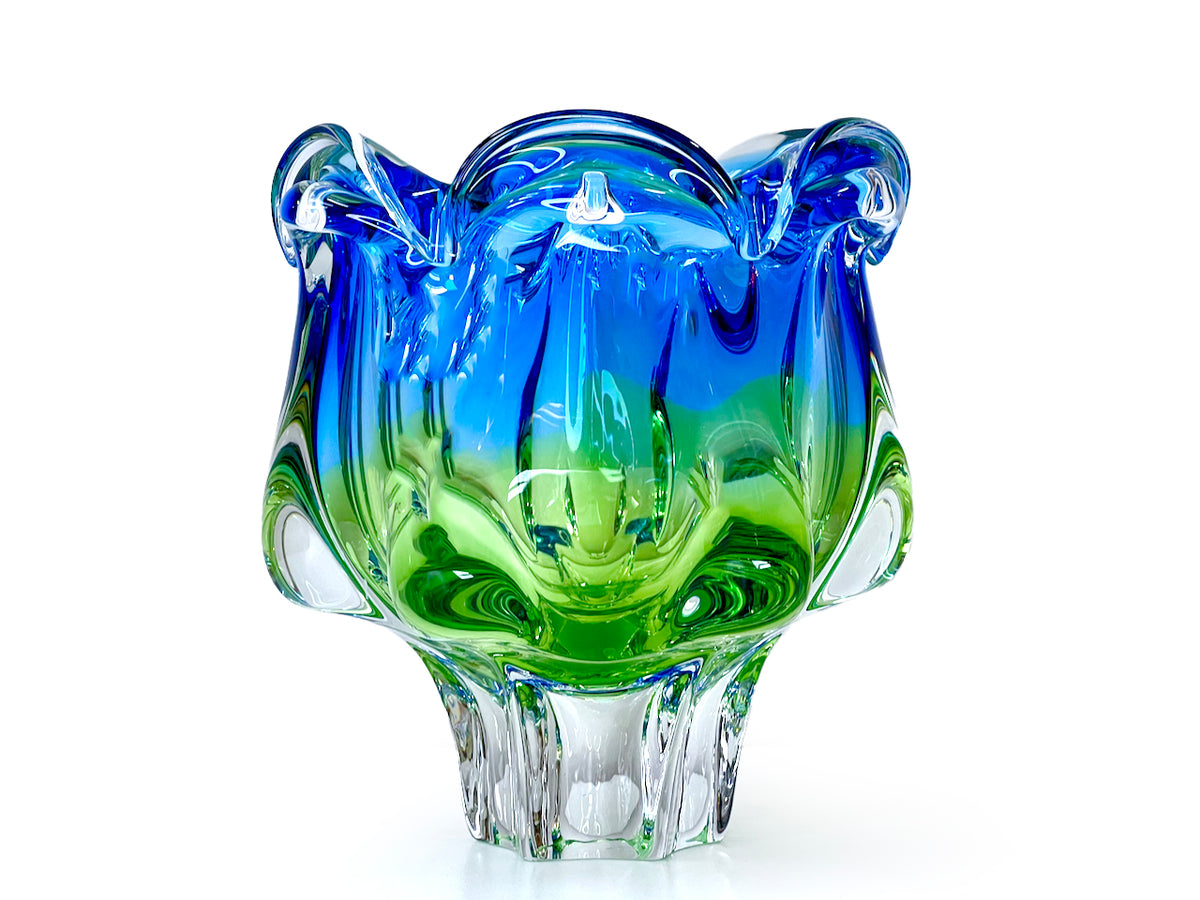 Chřibská Glassworks (Czechoslovakia) Art Glass 7.5" Vase, in Blue/Lime