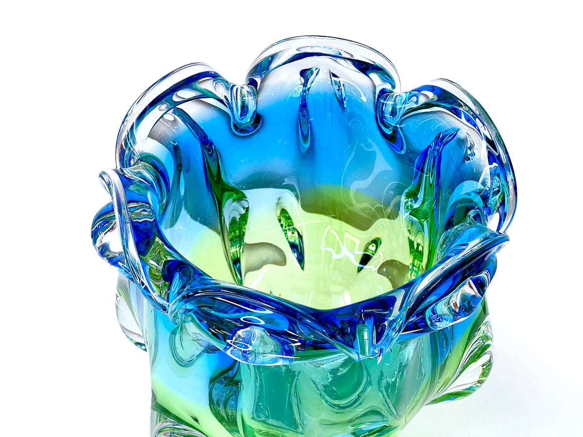 Chřibská Glassworks (Czechoslovakia) Art Glass 7.5" Vase, in Blue/Lime