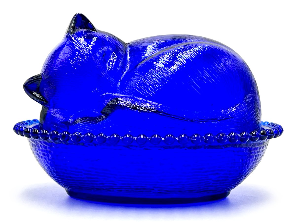 Bonbonnière en forme de chaton « Confections » d'Indiana Glass Co (États-Unis), bleu cobalt