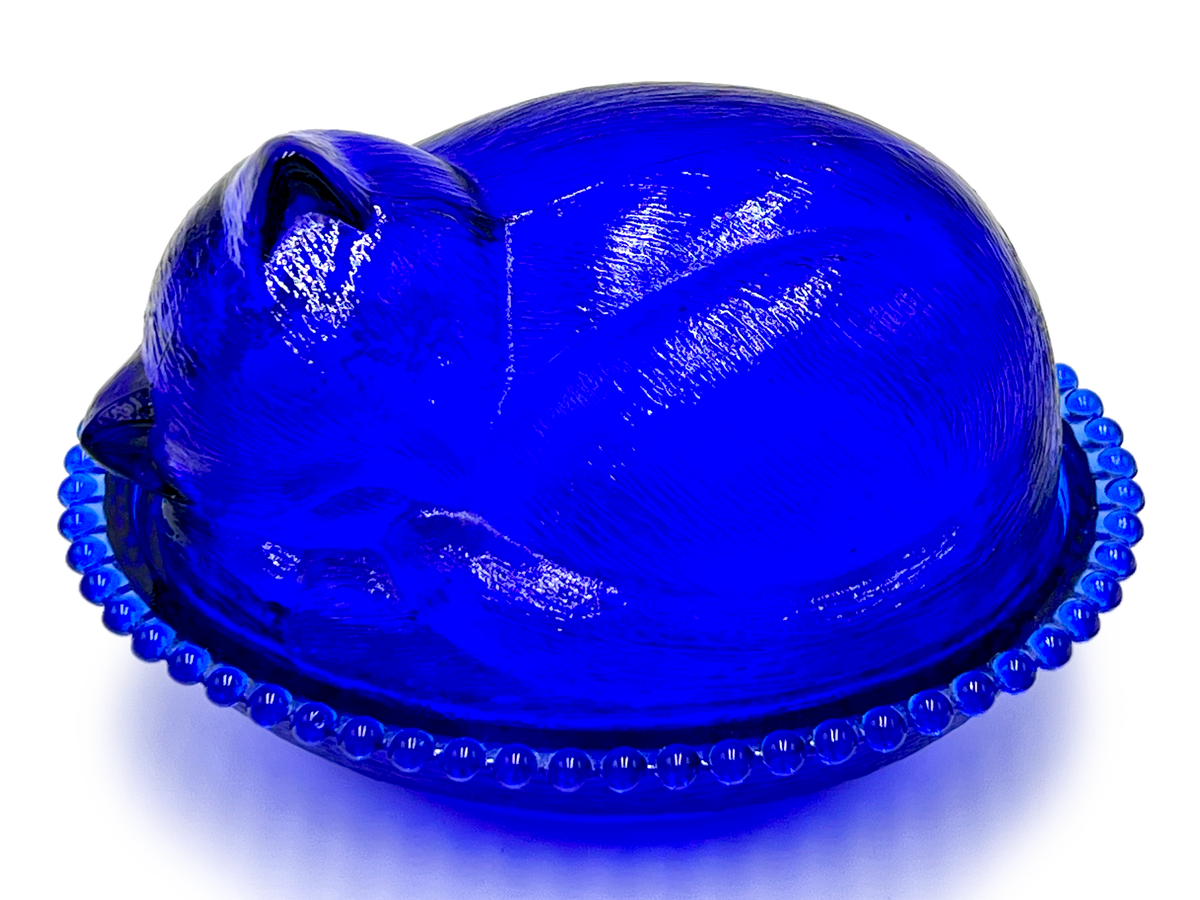 Bonbonnière en forme de chaton « Confections » d'Indiana Glass Co (États-Unis), bleu cobalt