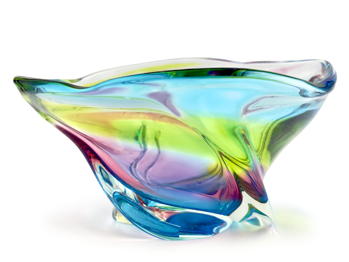 Centro de mesa de vidrio artístico "Arcoíris" de 32 cm de Hokuyo Glass (Japón), en azul y amarillo. *HALLAZGO RARO* 