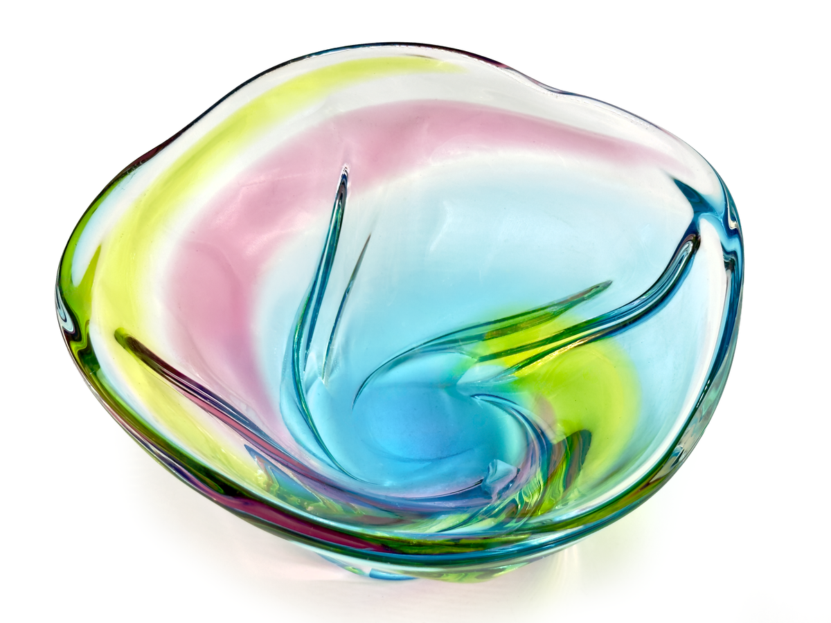 Centro de mesa de vidrio artístico "Arcoíris" de 32 cm de Hokuyo Glass (Japón), en azul y amarillo. *HALLAZGO RARO* 