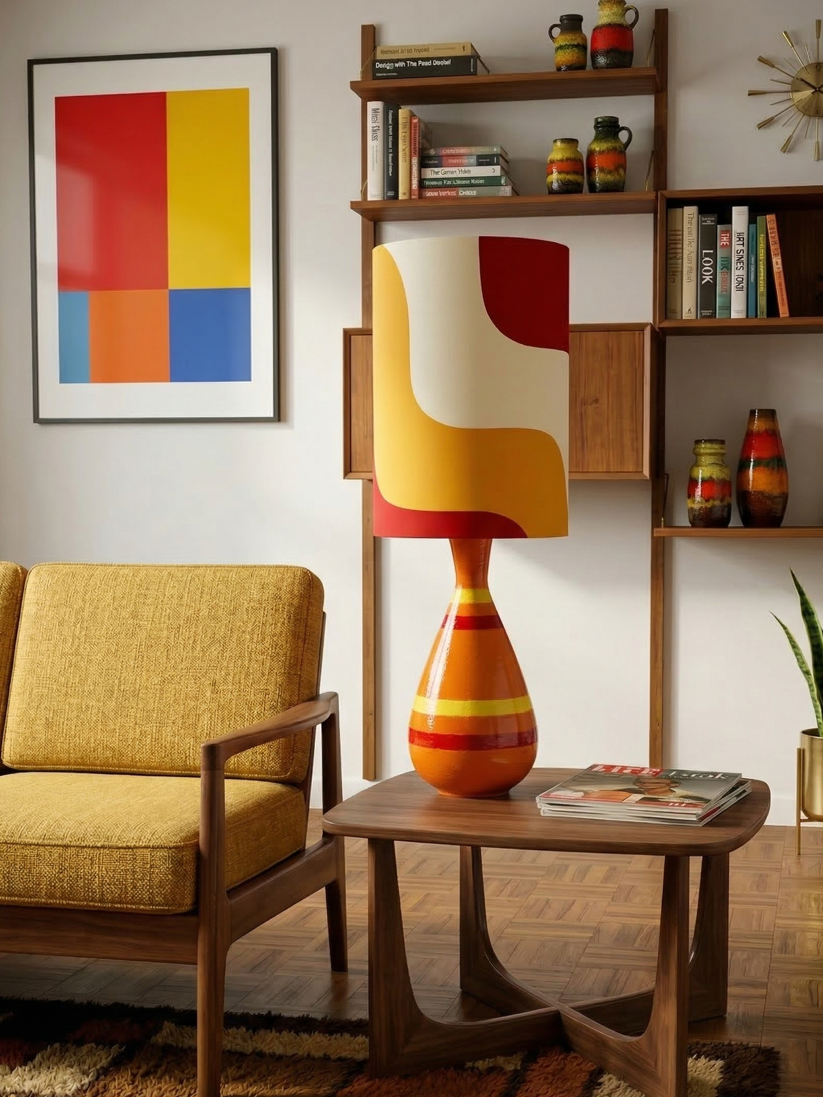 Bitossi (Italy) XXL 36.5" Table Lamp in Orange, with Hand-Made Lampshade (Vintage Fabric) *RARE FIND*