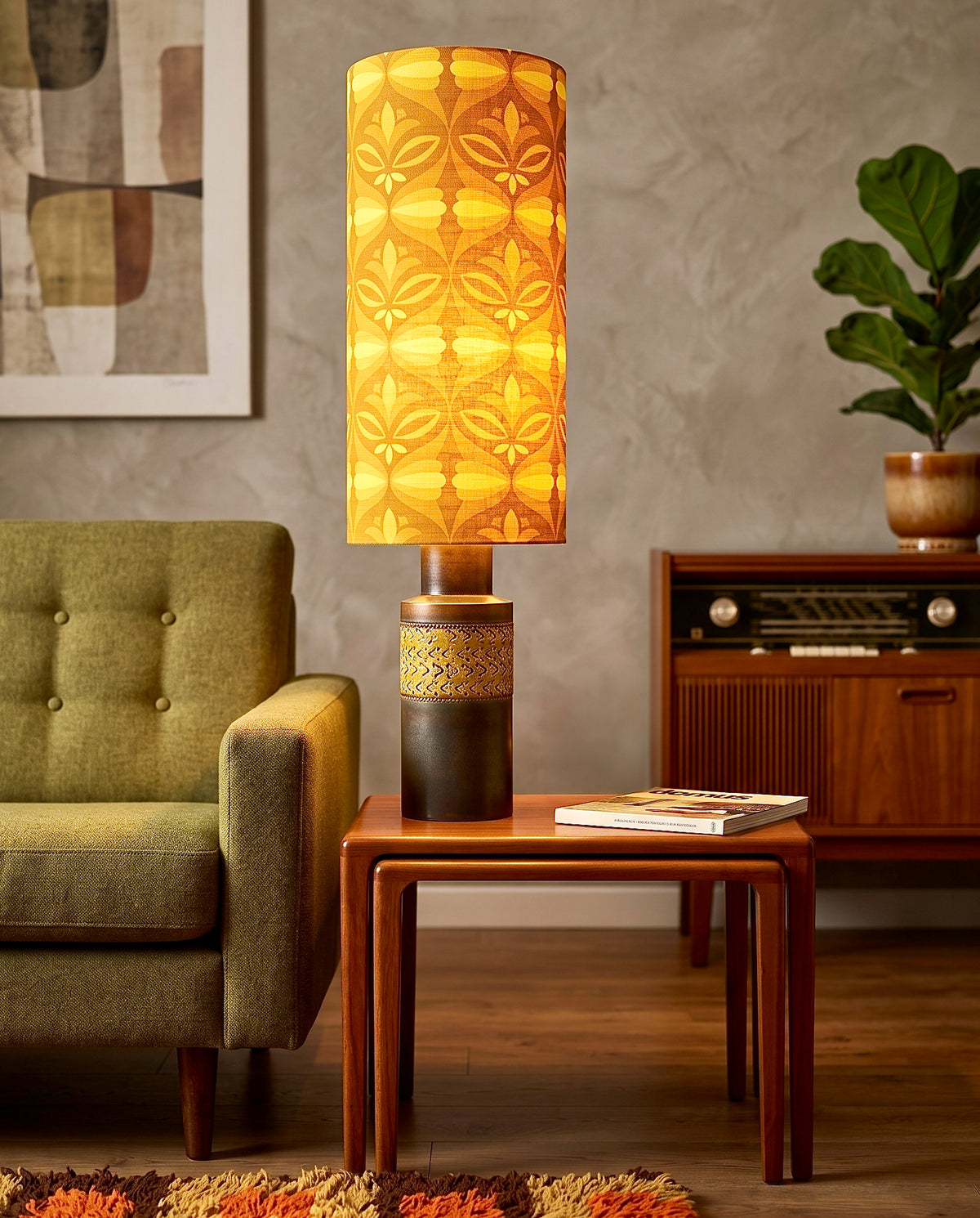 Bitossi (Italy) 'Mezza Chiave' in Mustard Yellow, 35" Table Lamp, with Hand-Made Lampshade (Vintage Fabric)