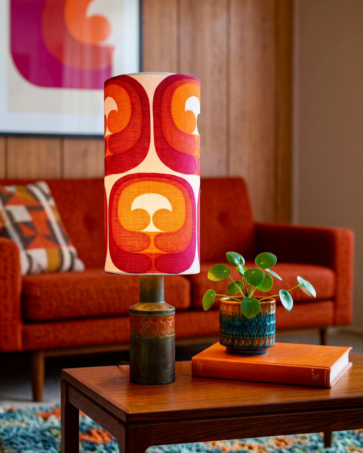 Bitossi (Italy) 'Mezza Chiave' in Dark Orange, 25" Table Lamp, with Hand-Made Lampshade (Vintage Fabric)