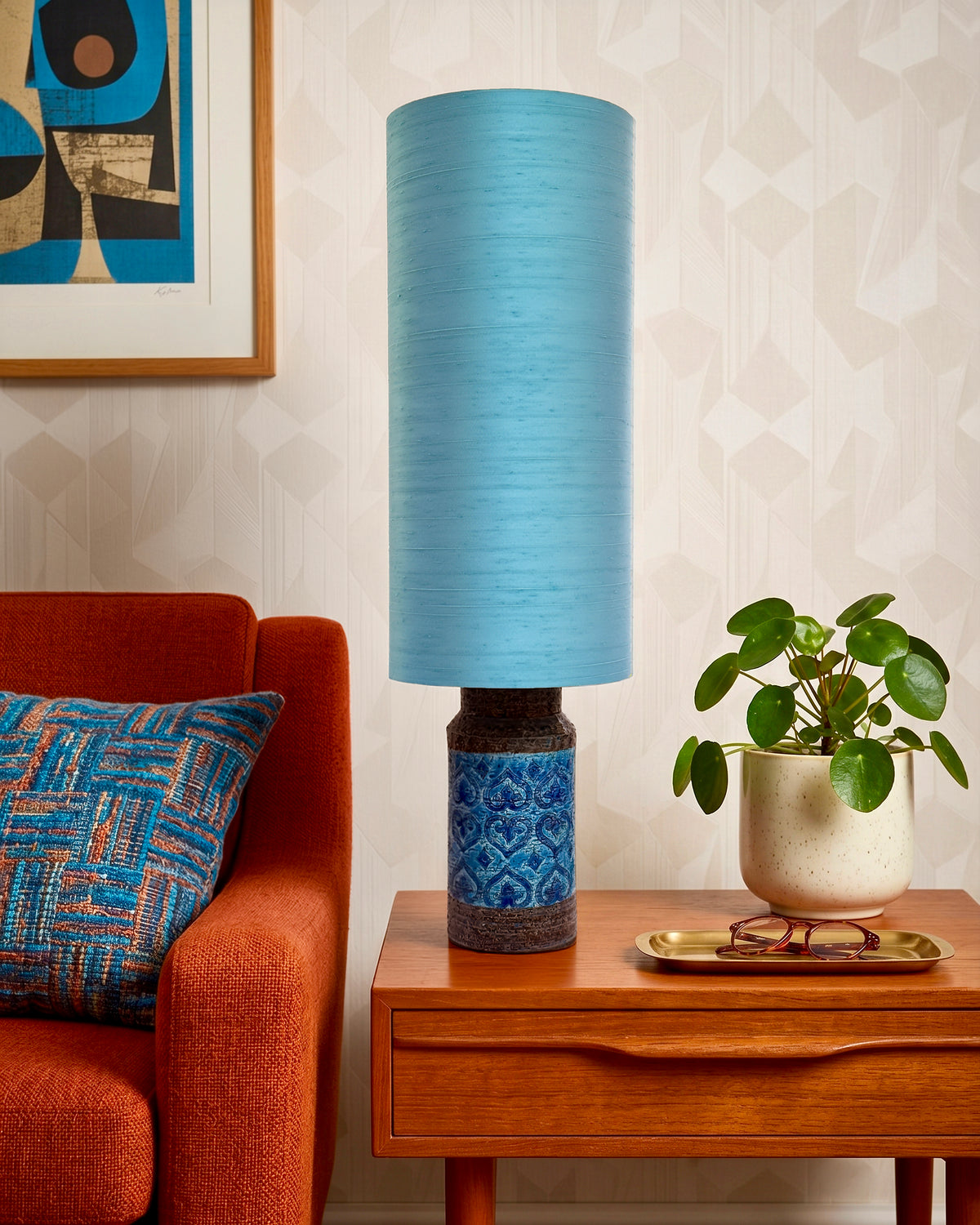 Bitossi (Italy) 'Moresco' in Blue, 27" Table Lamp, with Hand-Made Lampshade