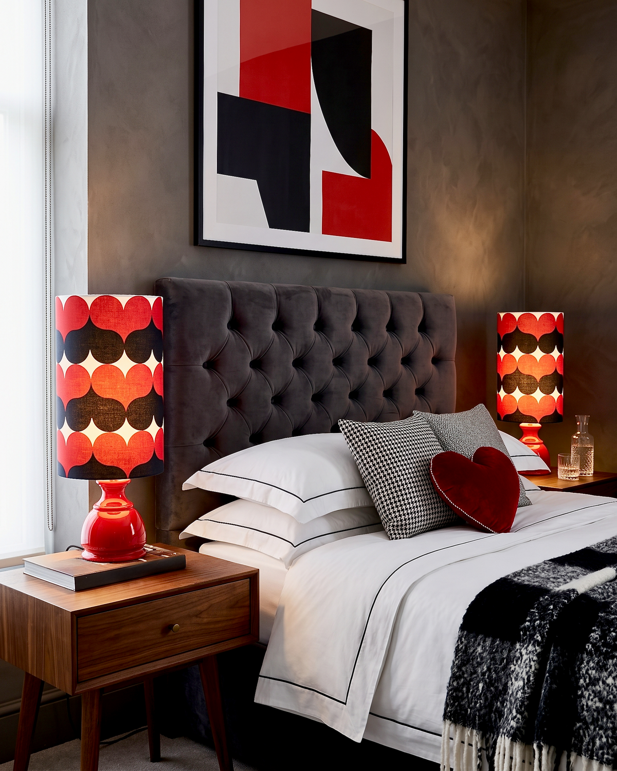 Bitossi (Italy) 24.5" Table Lamps in Red [Set x2], with Hand-Made Lampshades (Vintage Fabric) *RARE FIND*