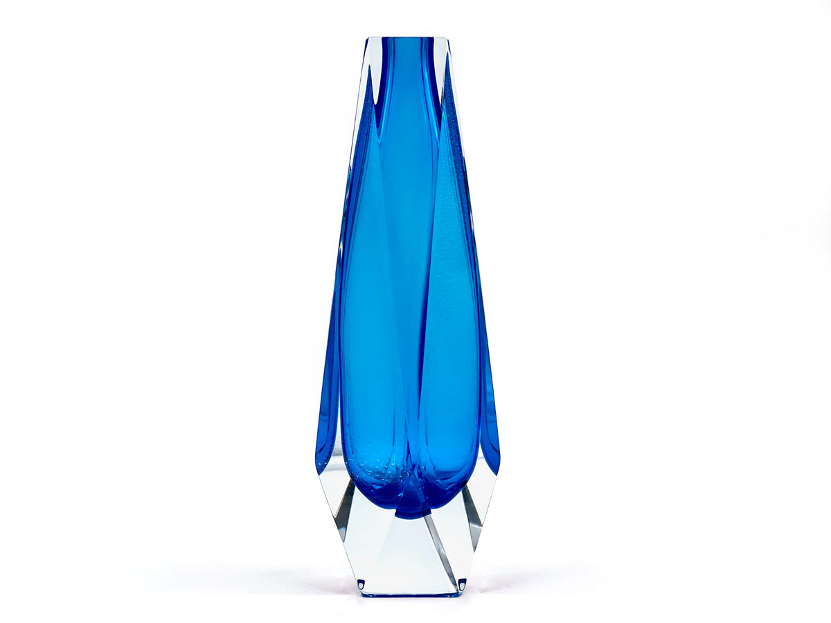 Mandruzzato (Murano, Italy) Faceted Art Glass 'Gocca' 12" Block Vase, in Blue