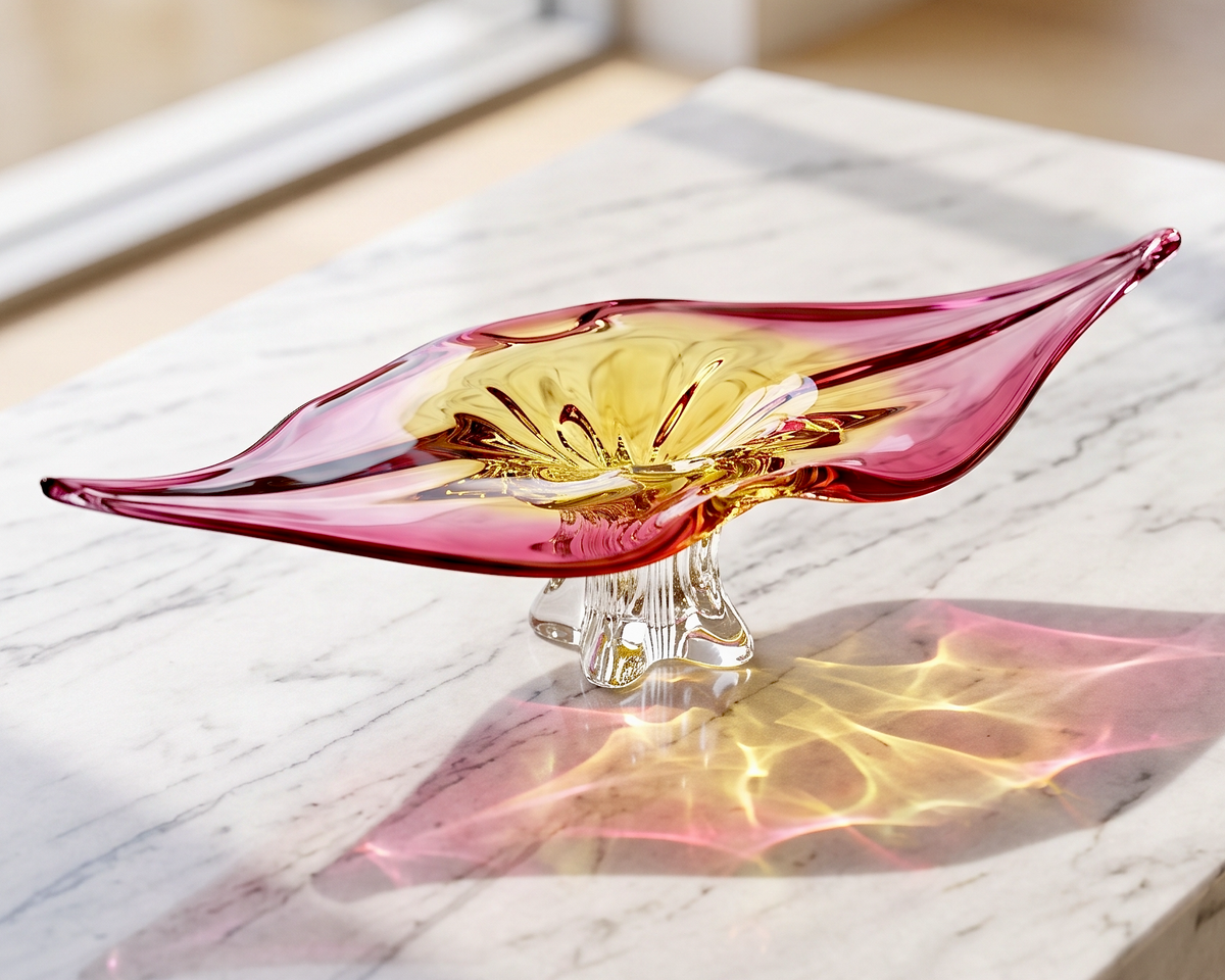 Chřibská Glassworks (Czechoslovakia) Art Glass 20" Centrepiece, in Pink/Yellow *RARE FIND*