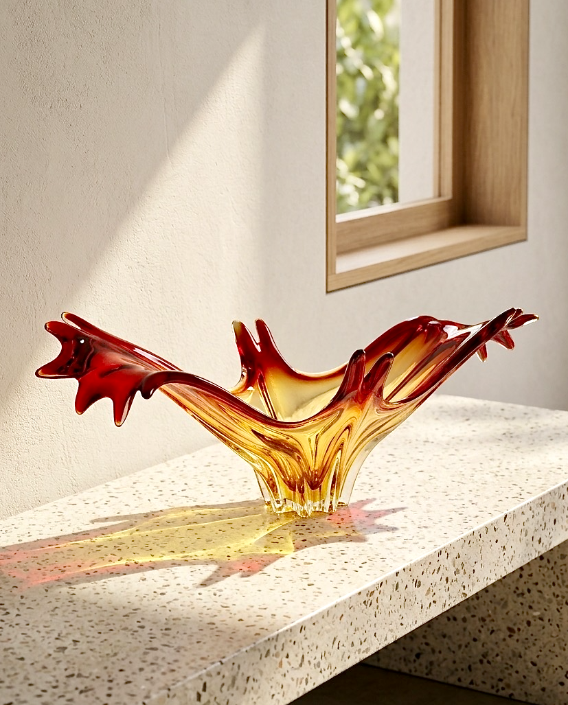 Centro de mesa extragrande de cristal artístico Cristallo Venezia CCC (Murano, Italia), 19,5", rojo/naranja *HALLAZGO RARO*