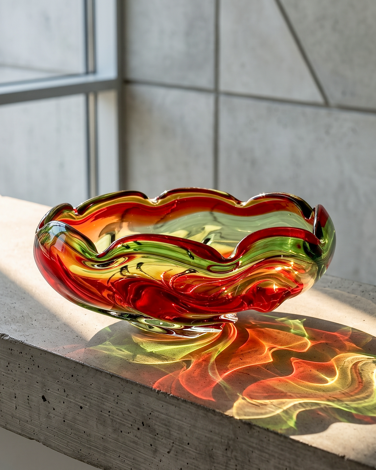 Centro de mesa de vidrio artístico "Arcoíris" de 28 cm de Iwatsu Glass (Japón), en verde, naranja y rojo. *HALLAZGO RARO* 