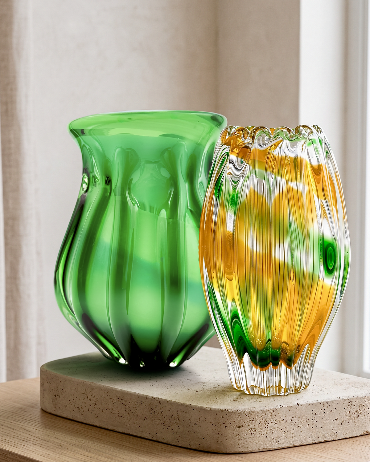 Vase en verre Sanyu (Japon) de la gamme Narumi « Fantasy » | Vase en verre d'art 23 cm, vert/orange | Emballage vintage d'origine * DÉCOUVERTE RARE *