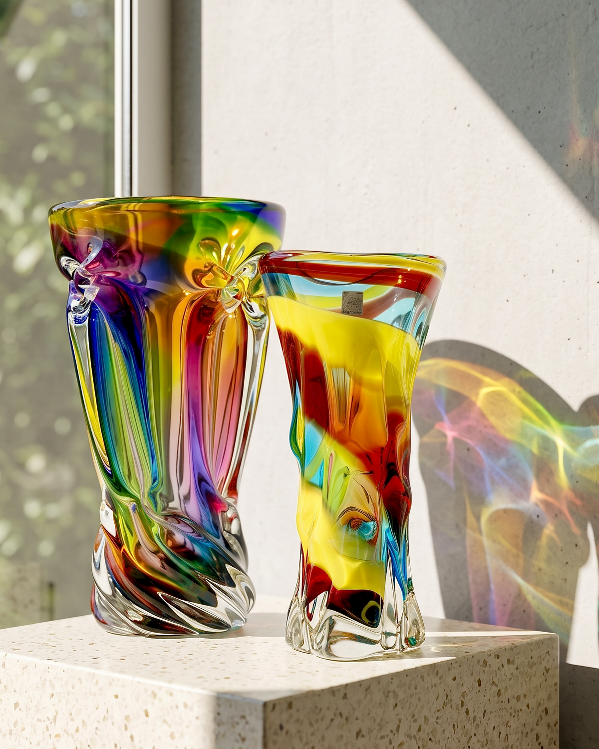 Vase en verre d'art Tatsumi Glass (Japon), 21,6 cm, bleu/rouge/jaune