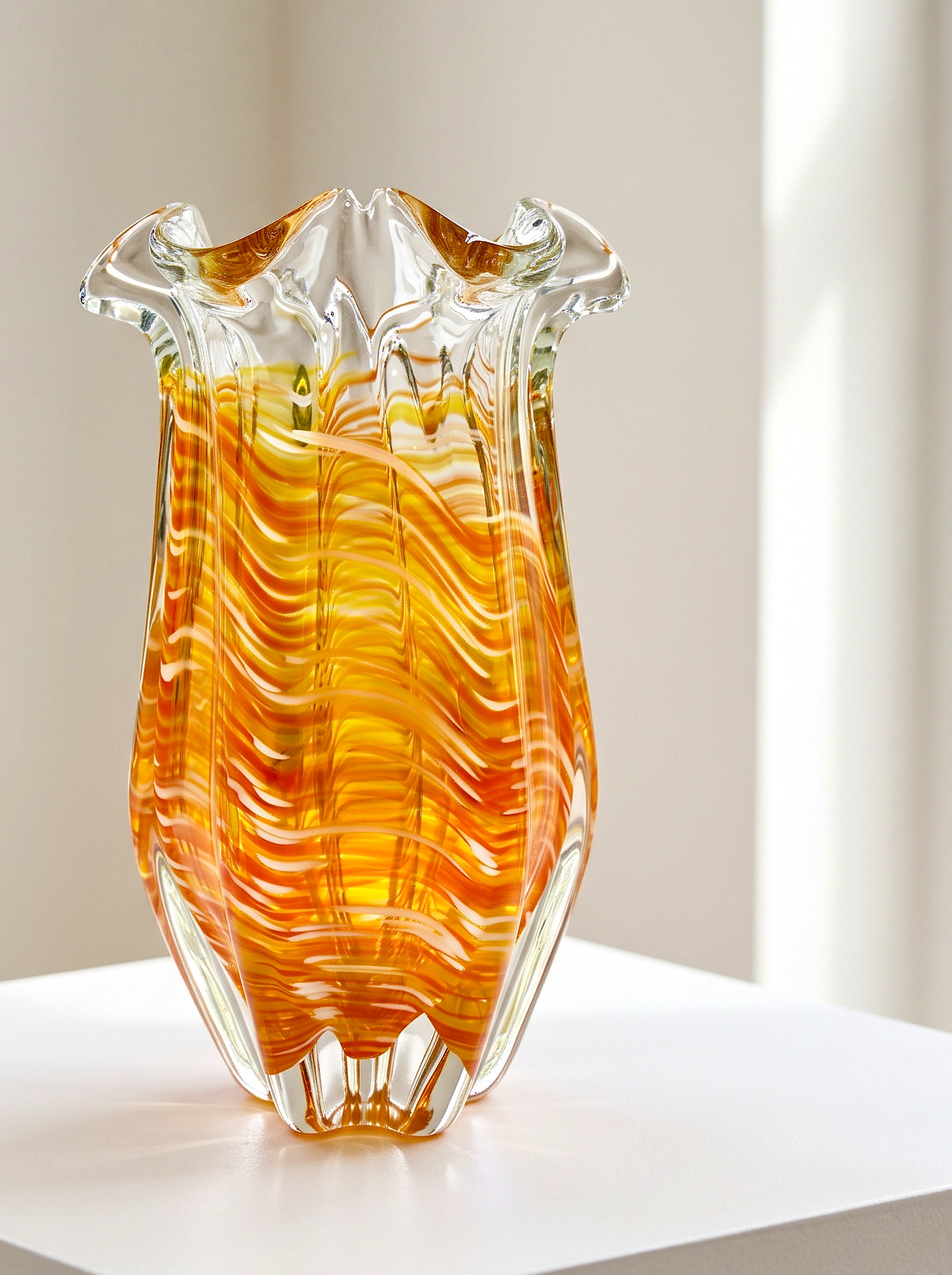 Multi Glass (Japan) Art Glass 10" Vase, in Orange/White *RARE FIND*