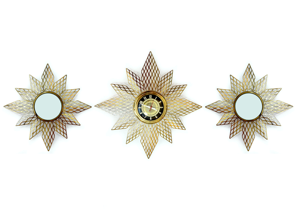 Reloj de pared de latón con diseño de estrella de 45 cm de Mastercrafters (Estados Unidos), con dos apliques de espejo de 34 cm | Circa 1950/1960 *¡HALLAZGO EXTRAÑO!*