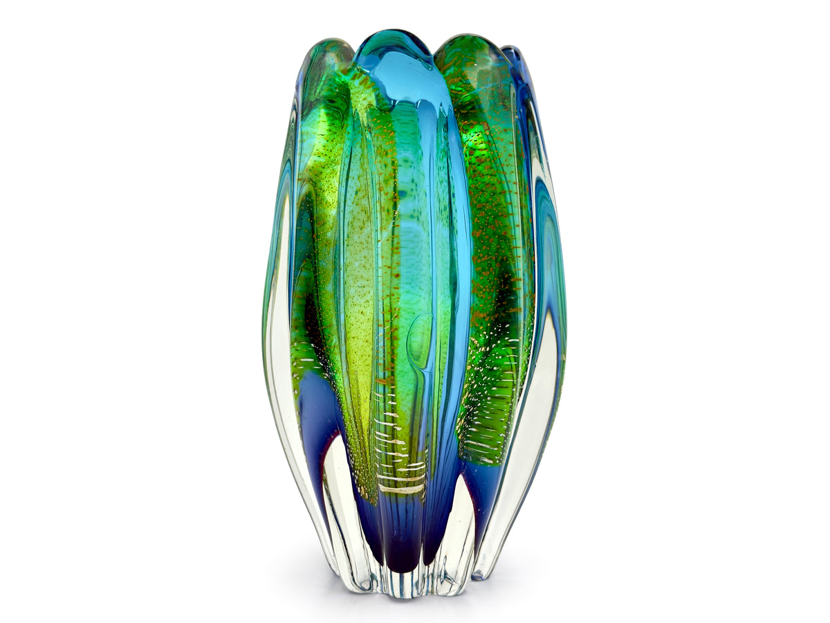 Vase en verre d'art Sanyu Glass (Japon), collection Narumi « Fantasy », 23 cm, bleu/violet avec feuilles d'or/argent n° 1 *PIÈCE RARE* 