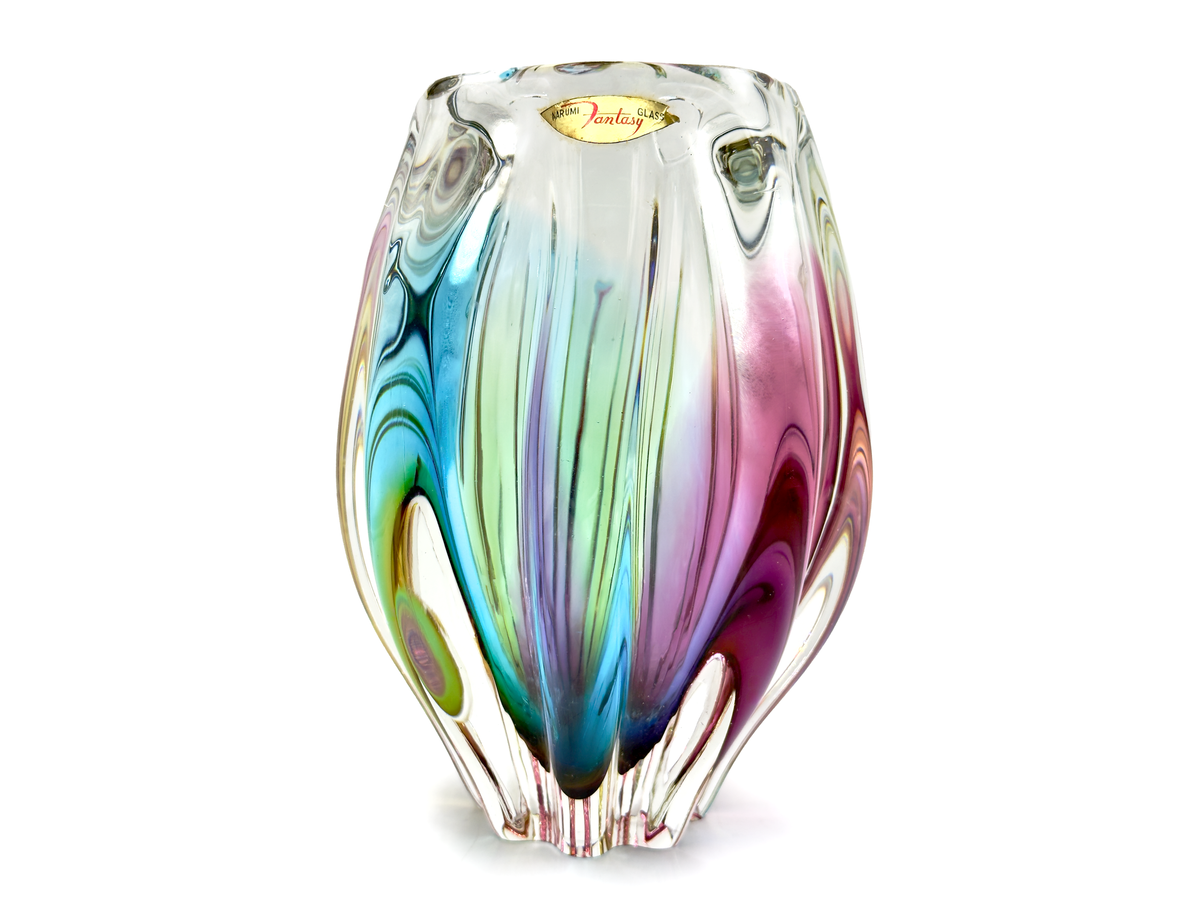 Sanyu Glass (Japan) from their Narumi 'Fantasy' range | Art Glass 8" Vase, in Blue/Pink/Yellow | Original Vintage Packaging