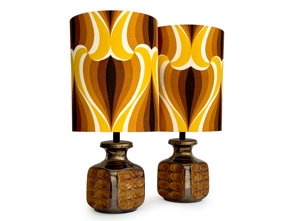 Ellis Ceramics (Australia) Large 25.5" Table Lamps in Caramel/Bronze [Set x2], with Hand-Made Lampshades (Vintage Fabric)