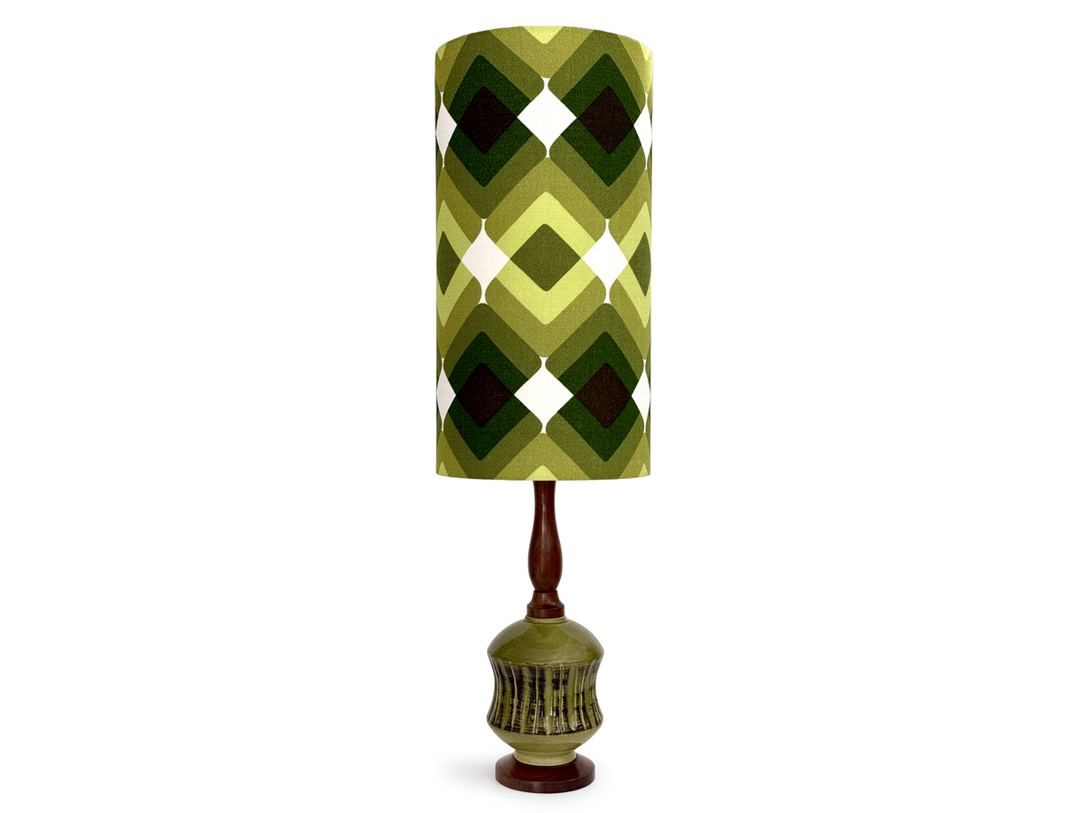 Rakumba Pottery (Australia) XL 34" Table Lamp in Olive Green, with Hand-Made Lampshade (Vintage Fabric) *RARE FIND*